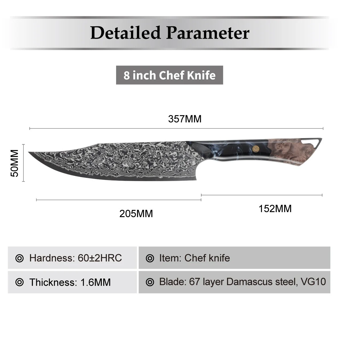 Damaškový kuchynský nôž Tetsu-Nakiri/Modrá 7-palcová čepeľ, ergonomická rukoväť