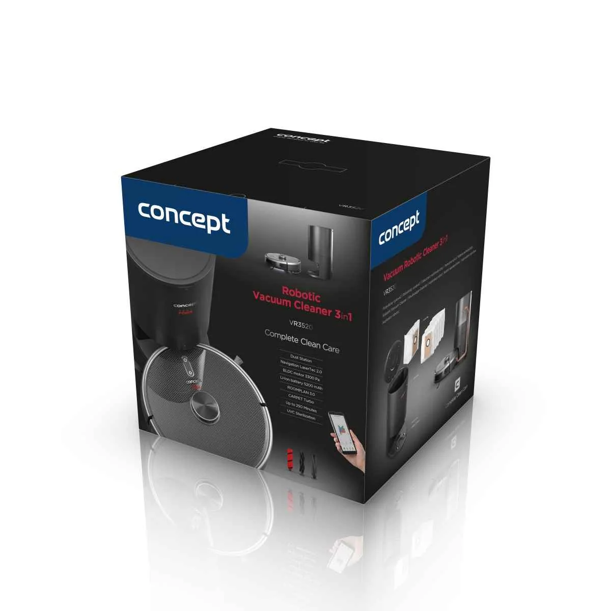Concept VR3520 Robotický vysávač s mopom 3 v 1 REAL FORCE Laser Complete Clean Care UVC 1×1 ks, robotický vysávač