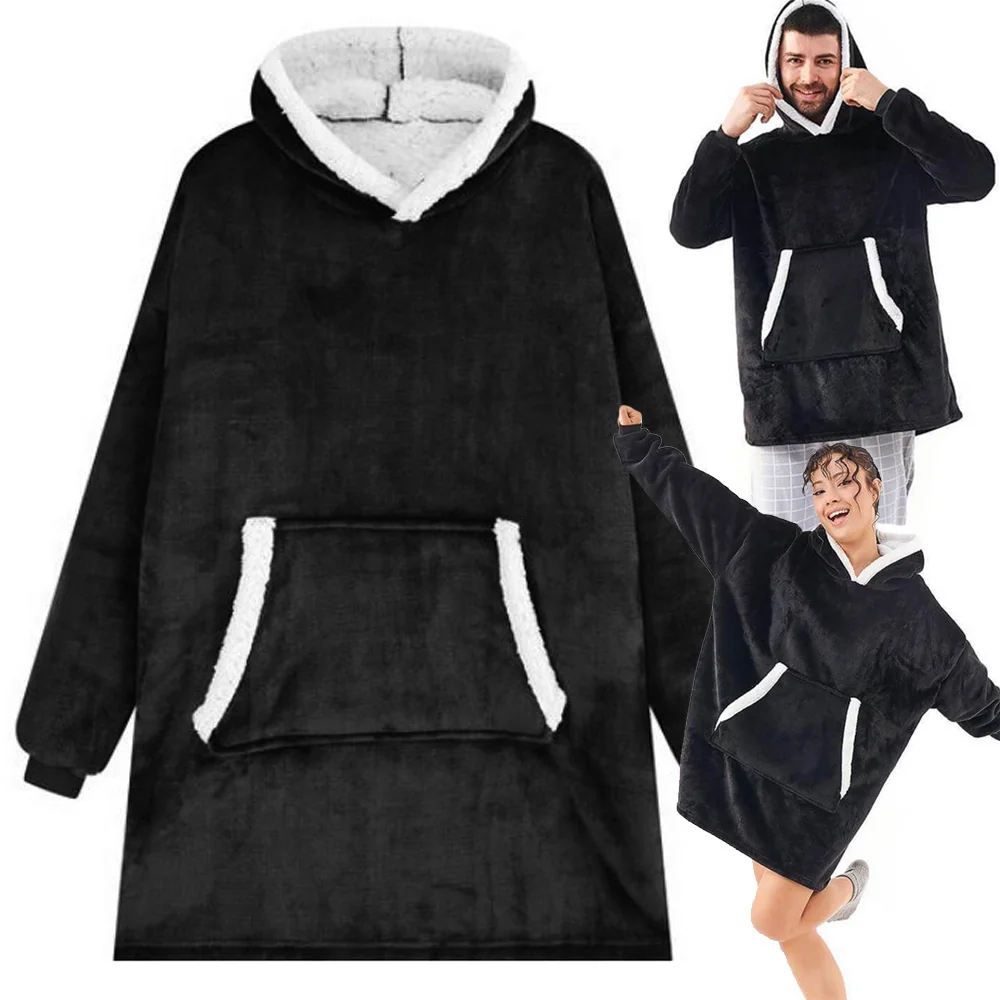 Čierna teplá mikina deka s kapucňou 2v1 – oversize XXL
