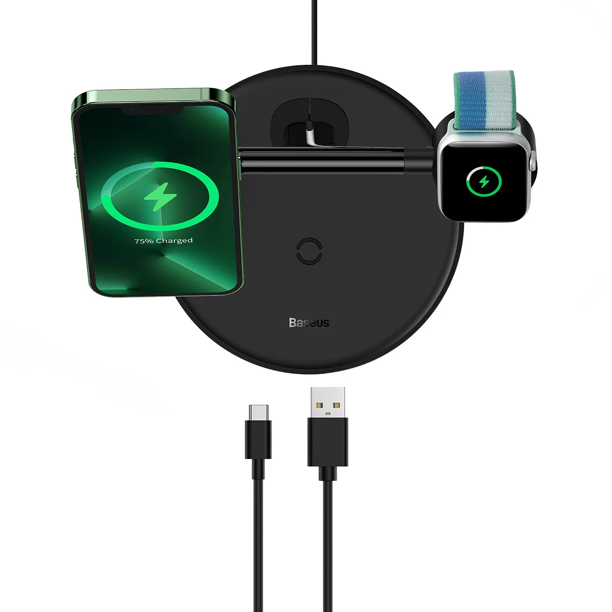 Baseus Swan Magsafe bezdrôtová nabíjačka na iPhone / AirPods / Apple Watch 15W, čierna atch 15W, čierna