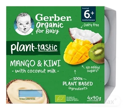 Gerber Organic Rastlinný dezert Mango a kiwi 4x90 g, s kokosovým mliekom (od ukonč. 6. mesiaca)