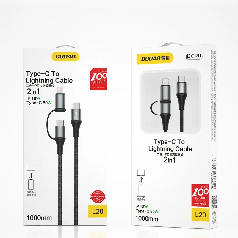 Dudao L20 kábel USB-C / USB-C PD 60W + Lightning 18W QC 3.0 1m, šedý