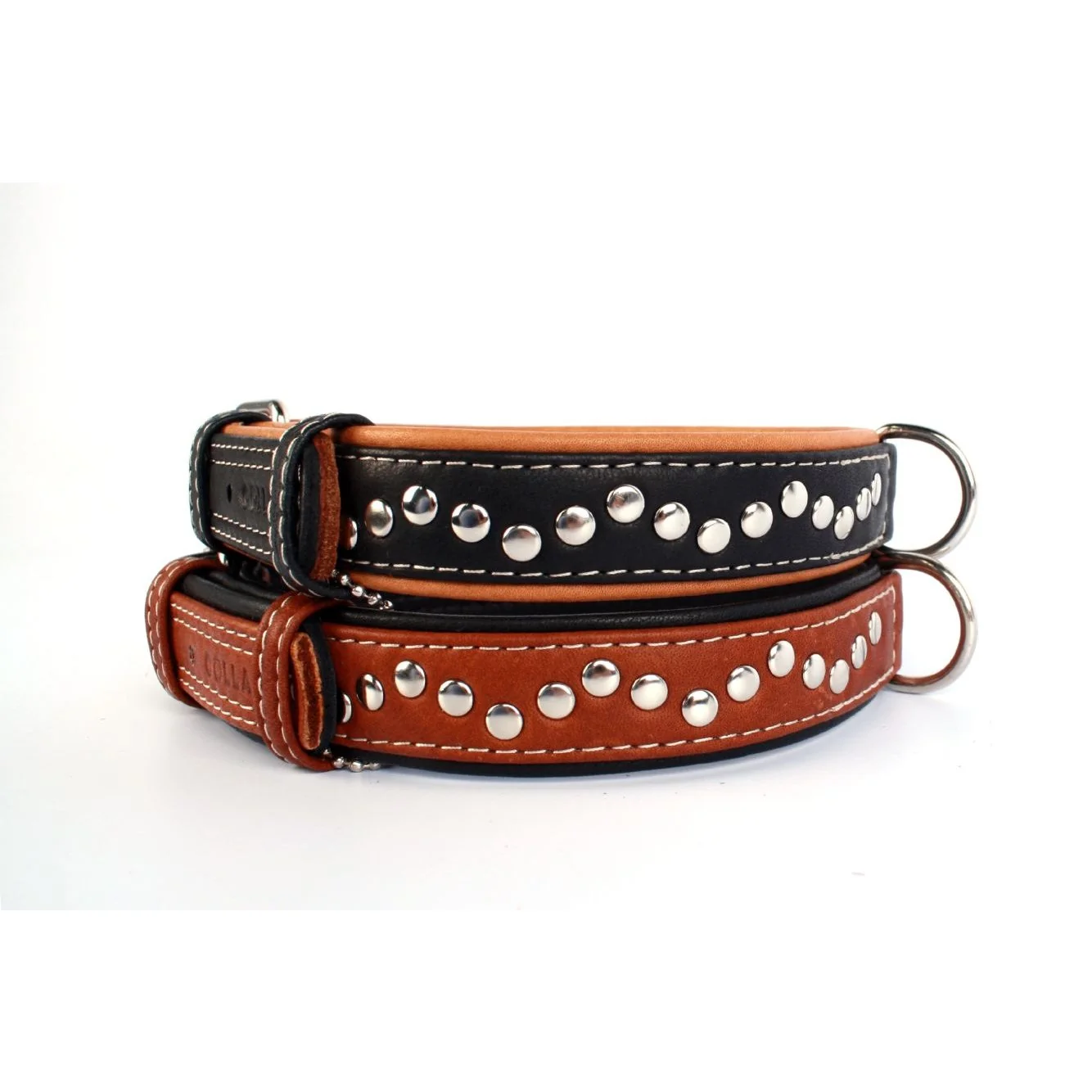 Plochý kožený obojok Soft hnedo čierny vybíjaný, Obvod krku: dĺžka: 38 - 49 cm, širka: 25 mm