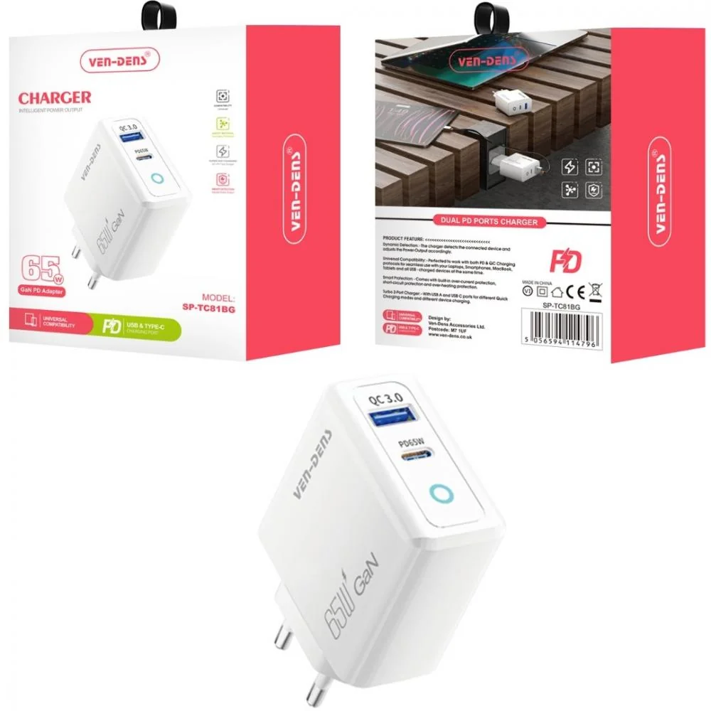 Type-C + USB Rýchlonabíjací Cestovný Adaptér - Biela 65W, 1x USB/Type-C/DC