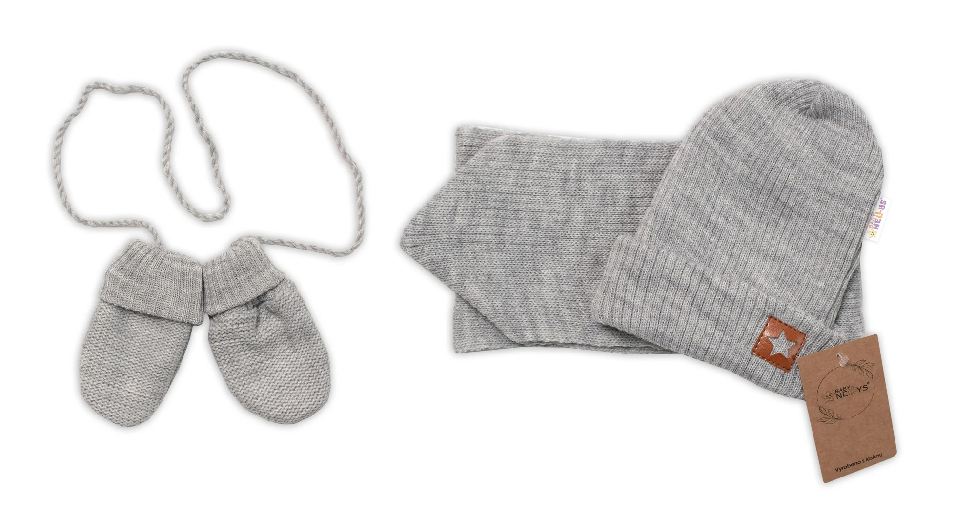 Baby Nellys Pletená čiapka so šálom a rukavičky 3v1, STAR - šedá