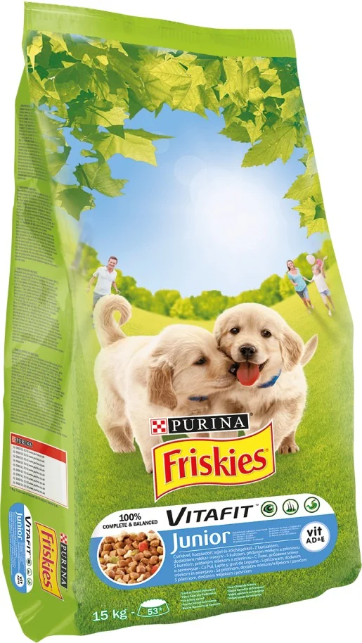 FRISKIES GP 15kg Junior s kuracim, mliekom a pridanou zeleninou 1×15 kg, kompletné krmivo pre šteňatá od 6 týždňov