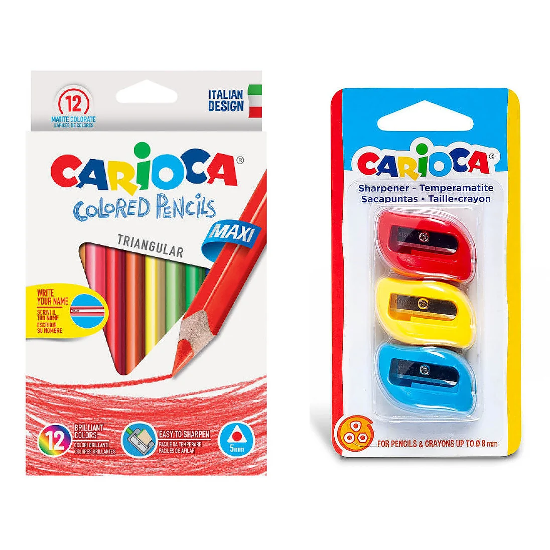 Farbičky Colored Pencils MAXI trojhranné, drevené, nelámavé 12ks-CARIOCA + Farebné strúhatko univerzálne  3ks-CARIOCA
