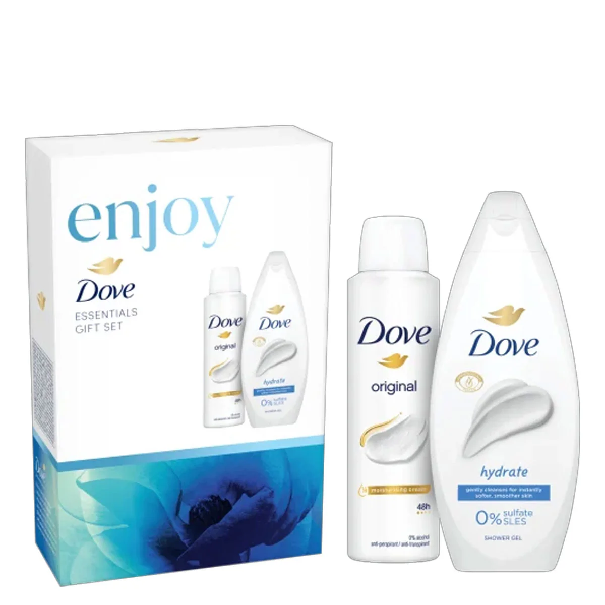 DOVE darčeková kazeta Enjoy Hydrate (Dove sprchový gél Hydrate 250ml + Dove deodorant v spreji Original 150ml)