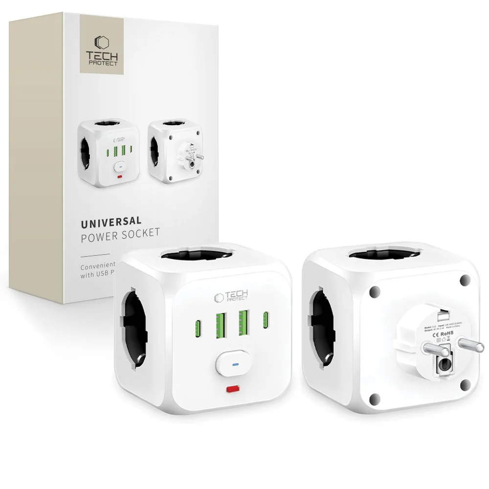 Tech-Protect PCL3X4 zásuvka 2x USB / 2x USB-C / 3x elektrická zásuvka, biela biela