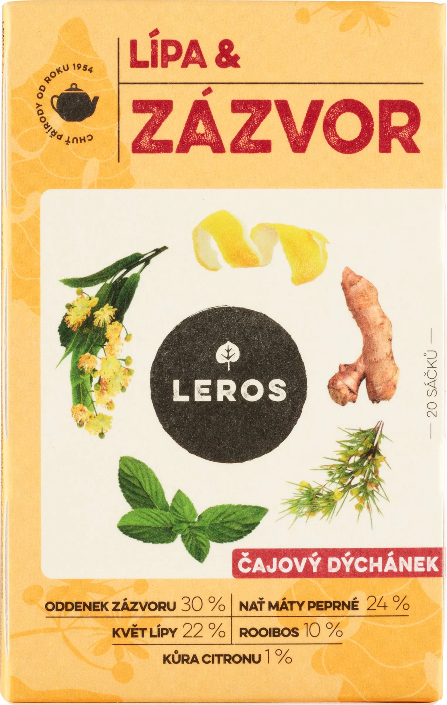 LEROS ČAJOVÁ CHVÍĽKA LIPA & ZÁZVOR 20×2 g, bylinný čaj so zázvorom a lipovým kvetom