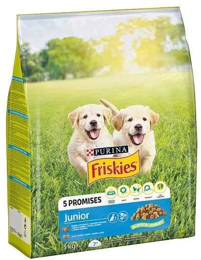 FRISKIES GP 1x3kg Junior s kuraťom, mliekom a pridanou zeleninou 1×3 kg, kompletné krmivo pre šteňatá od 6 týždňov