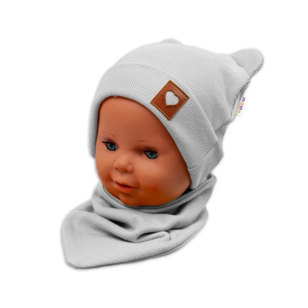 Baby Nellys Rebrovaná dvojvrstvová čiapka s uškami + šatka TEDDY - sivá, 80/86