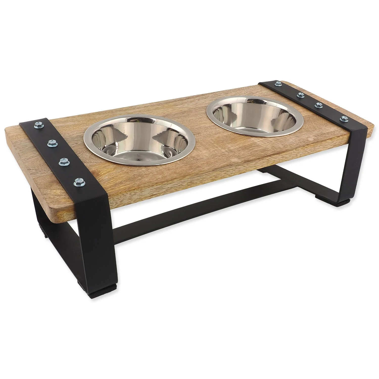 Misky nerez s dreveným stojančekom, železná konštrukcia 2x400ml 2x400ml