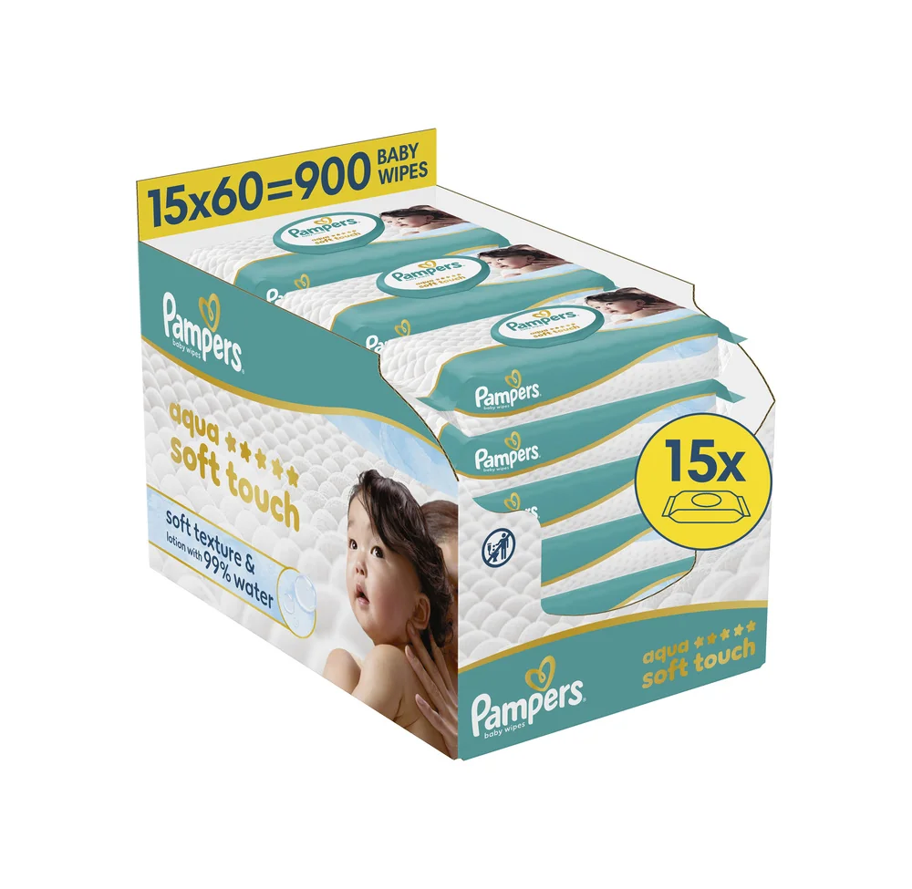 Pampers Aqua Soft Touch Baby detské čistiace obrúsky 15 x 60 ks