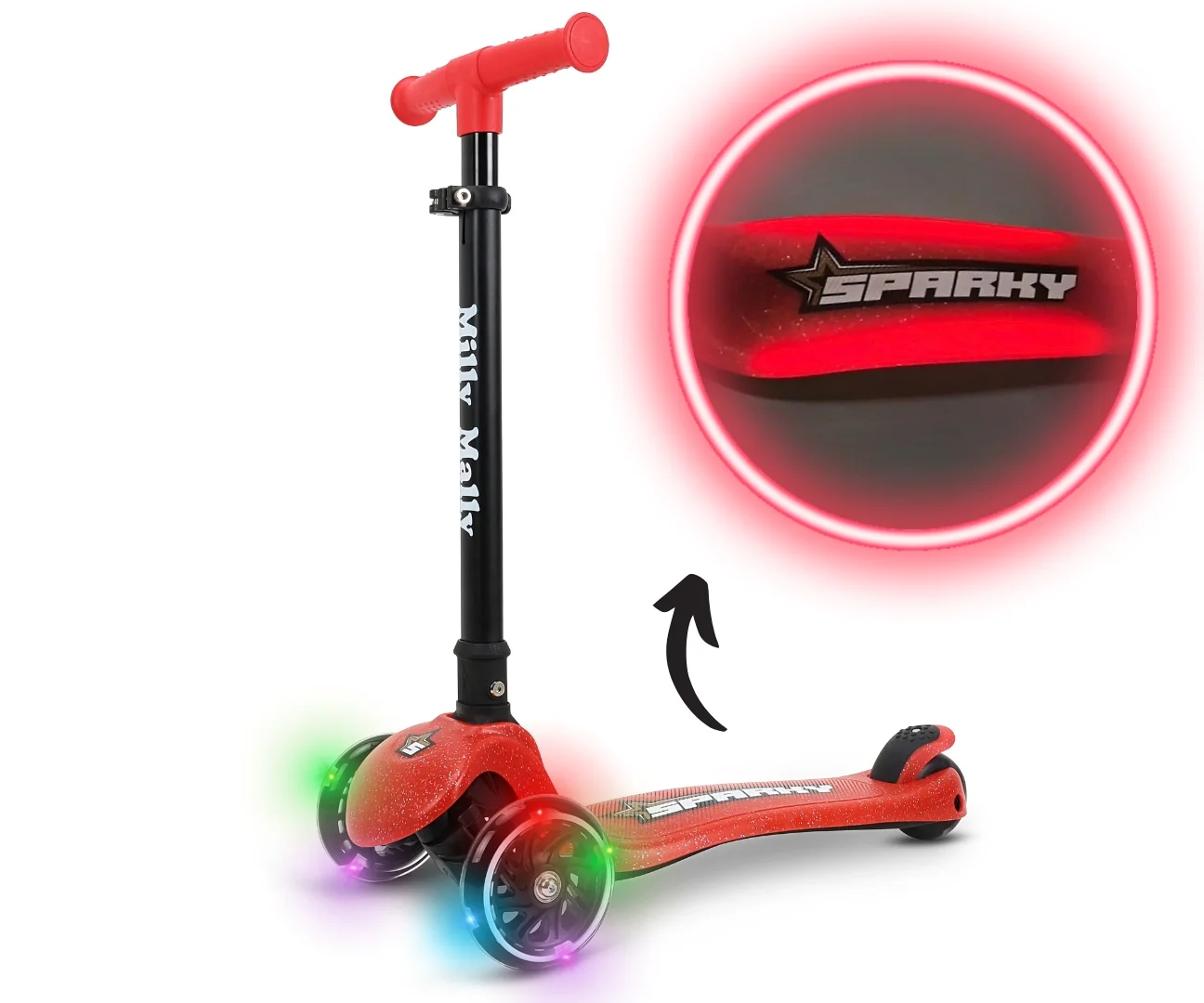 Detská kolobežka SPARKY LED trojkolová – svietiace kolieska, nastaviteľná, červená