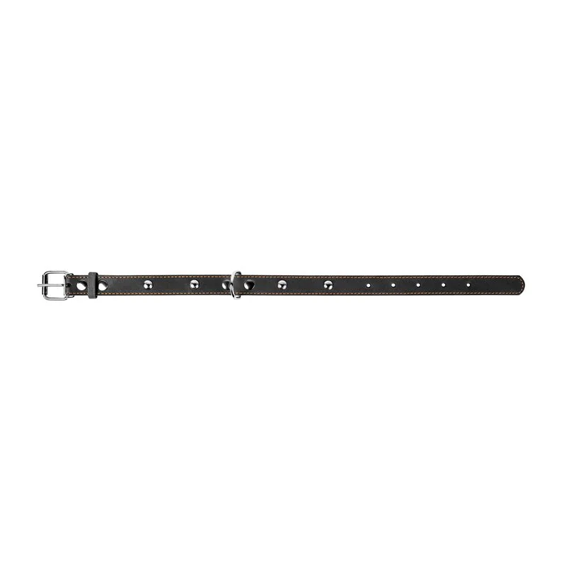 Kožený obojok s kovovou dekoráciou dvojvrstvový čierny, Obvod krku: dĺžka: 32 - 40 cm, širka: 20 mm