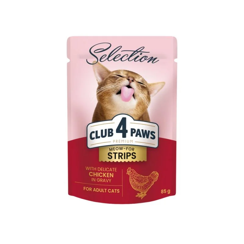 CLUB 4 PAWS Premium Plus kapsičky pre mačky prúžky s kuracim mäsom v omačke 85g (8094)