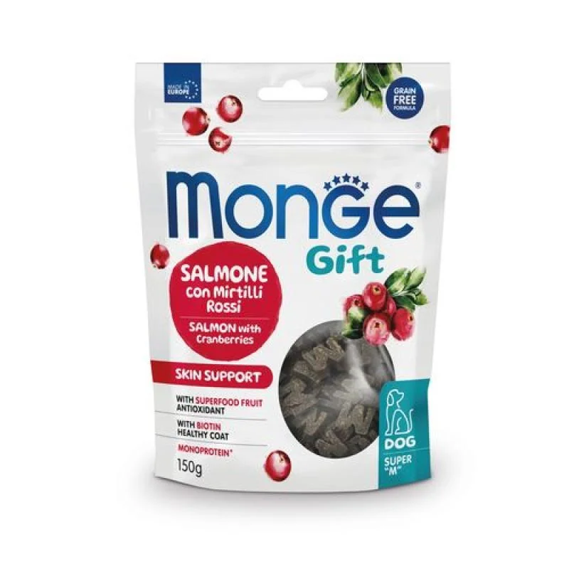 MONGE GIFT Super M Skin support 150g pochúťky pre dospelé psy, s lososom a brusnicou na podporu zdravého stavu kože a srsti