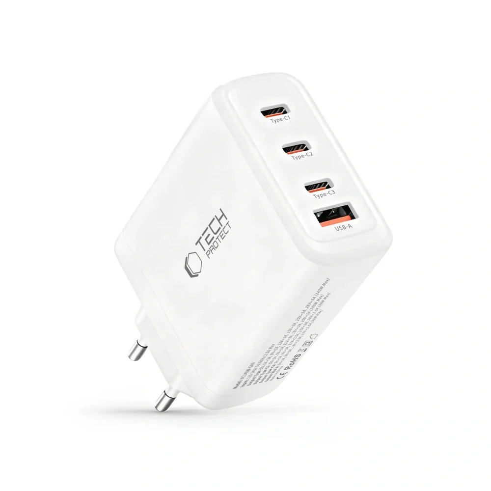 Tech-Protect NC140W GaN sieťová nabíjačka USB / 3x USB-C 140W PD QC, biela iela