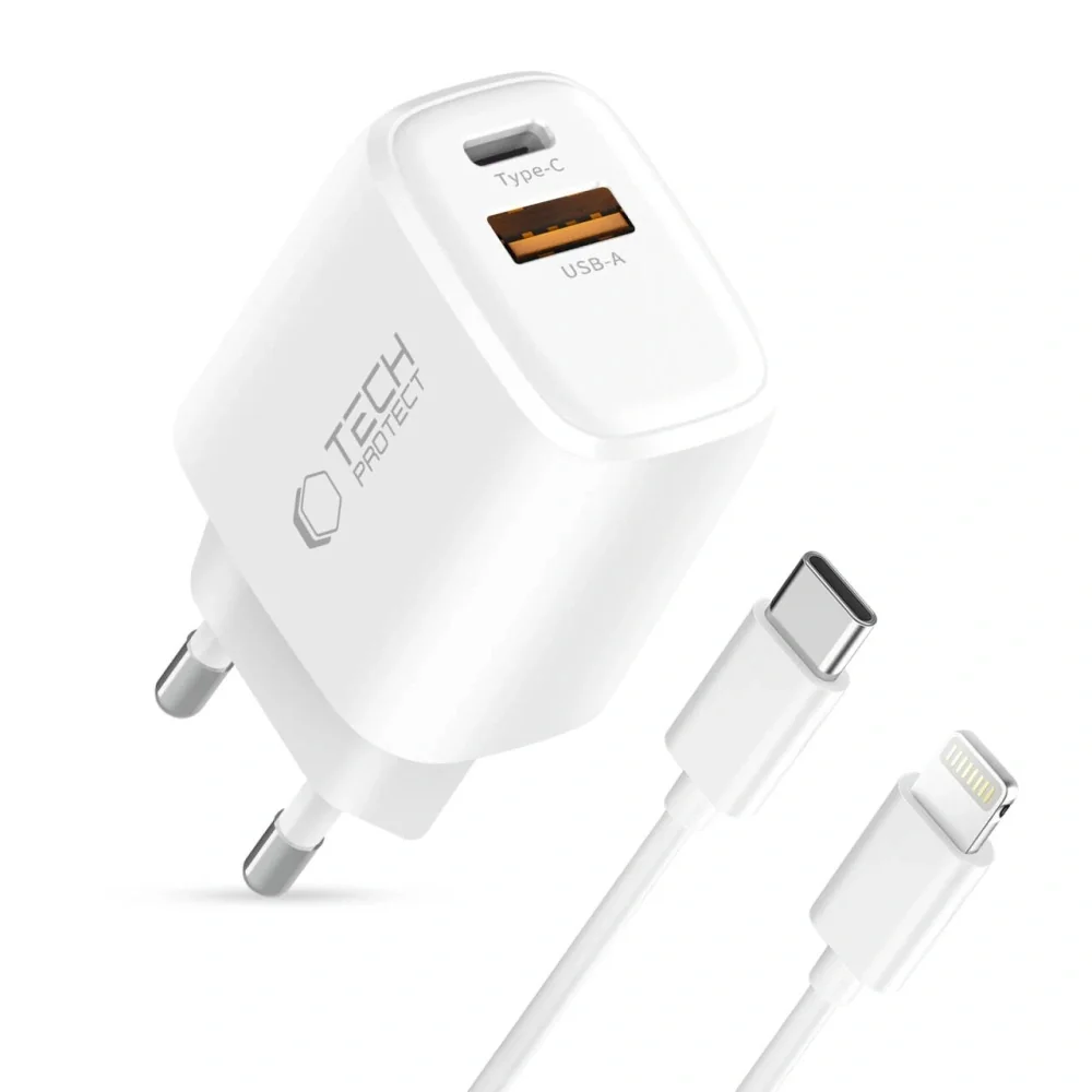 Tech-Protect NCA20 sieťová nabíjačka 20W PD QC + kábel Lightning, biela a
