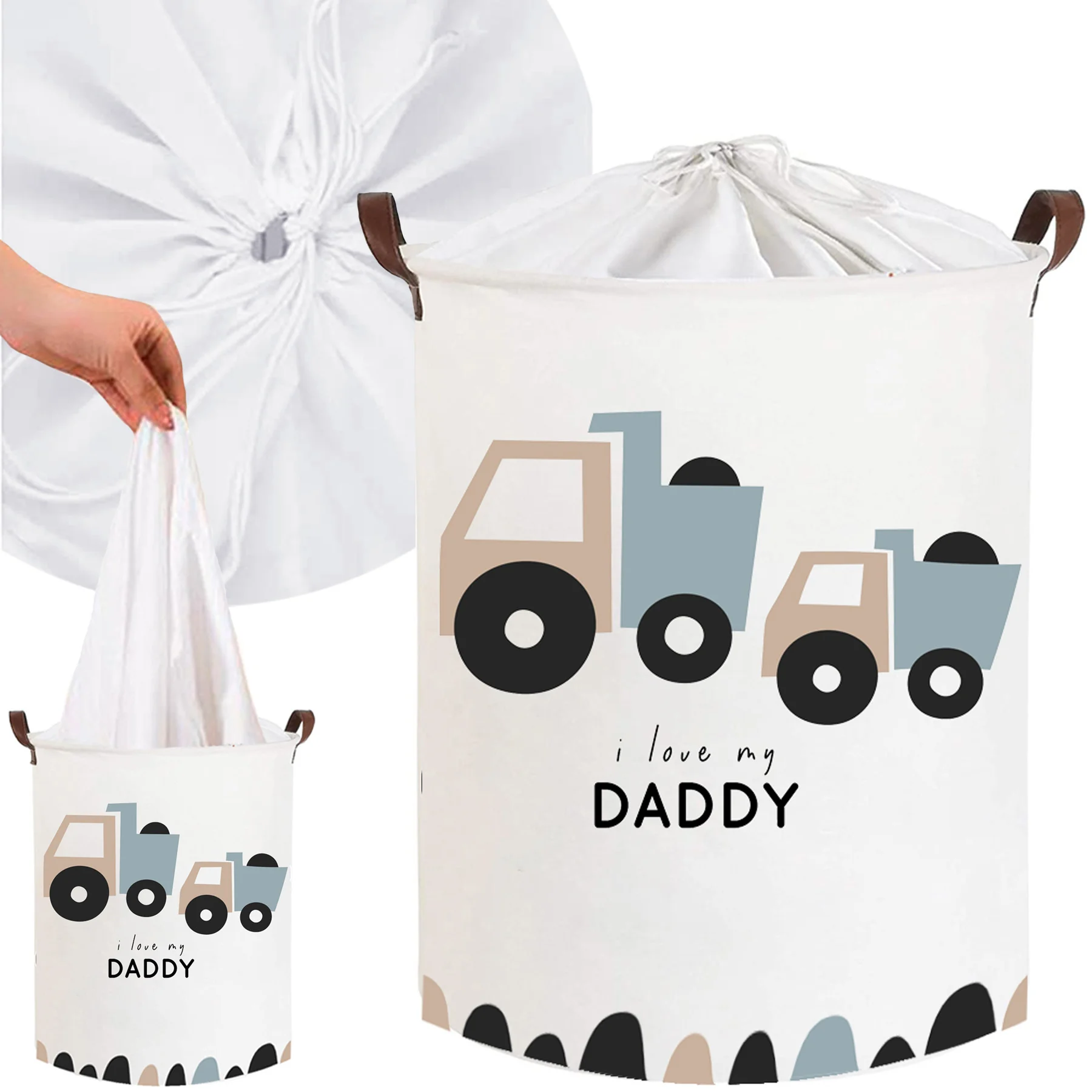 Kôš na hračky, uzatvárateľný, bavlna - Trucks Love Daddy - biely, 43 L 