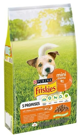 FRISKIES GP 1x1,5kg Mini Menu s kuraťom a pridanou zeleninou 1×1,5 kg, kompletné krmivo pre dospelých psov malých plemien