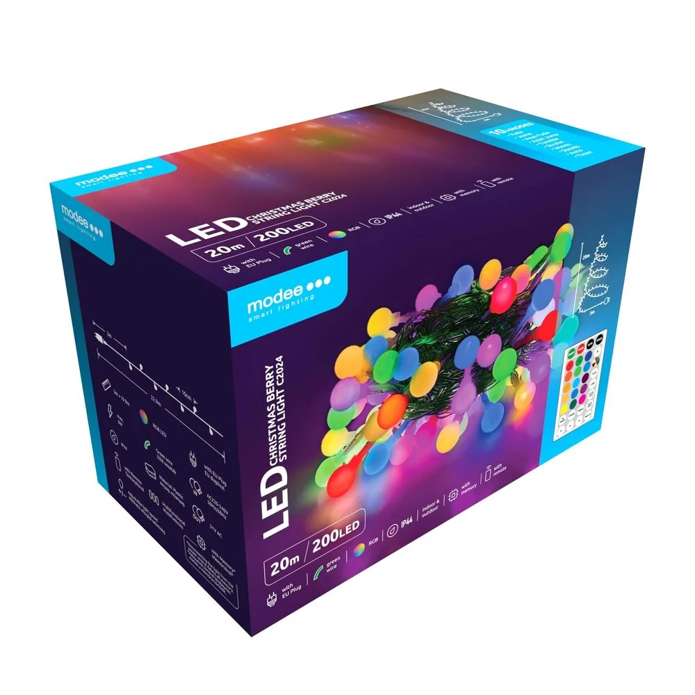 Modee Lighting LED vianočná reťaz 200 LED 20m multicolor bobule + diaľkové