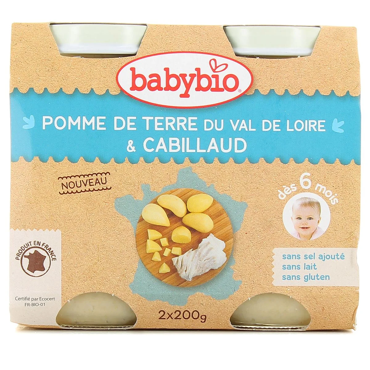 BABYBIO Zemiaky s paradajkami a treskou 2×200 g, mäsozeleninový príkrm