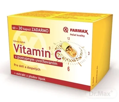 FARMAX Vitamín C s pozvoľným uvoľňovaním 500 mg 1×90 cps, + extrakt z plodov šípok, 60+30 cps zadarmo