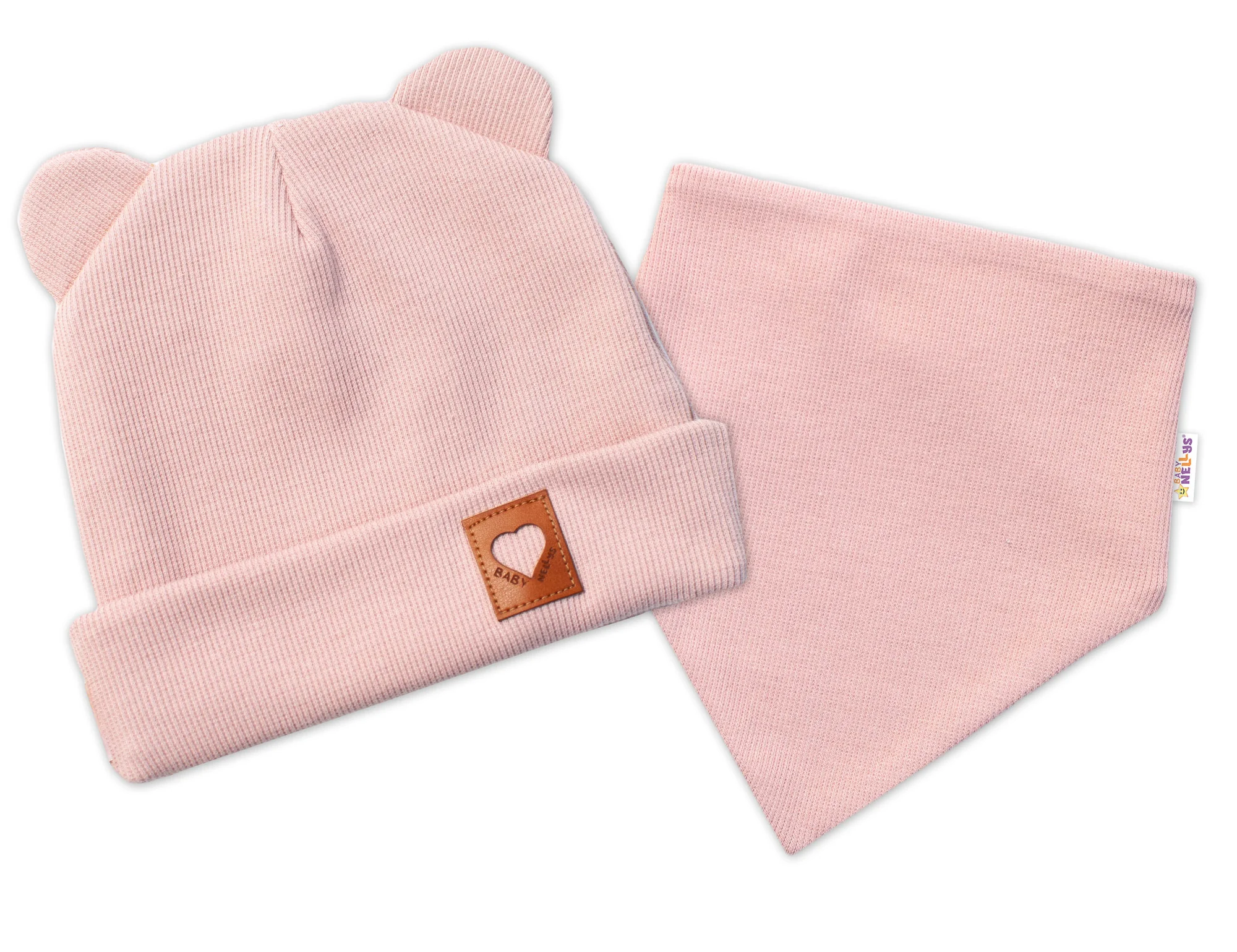 Baby Nellys Rebrovaná dvojvrstvová čiapka s uškami + šatka TEDDY - púdrová, 68/74 