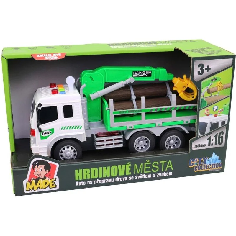 MADE - Auto na prepravu dreva, zdvíhacie rameno, na batérie, svetlo a zvuk, zotrvačník, 26 cm