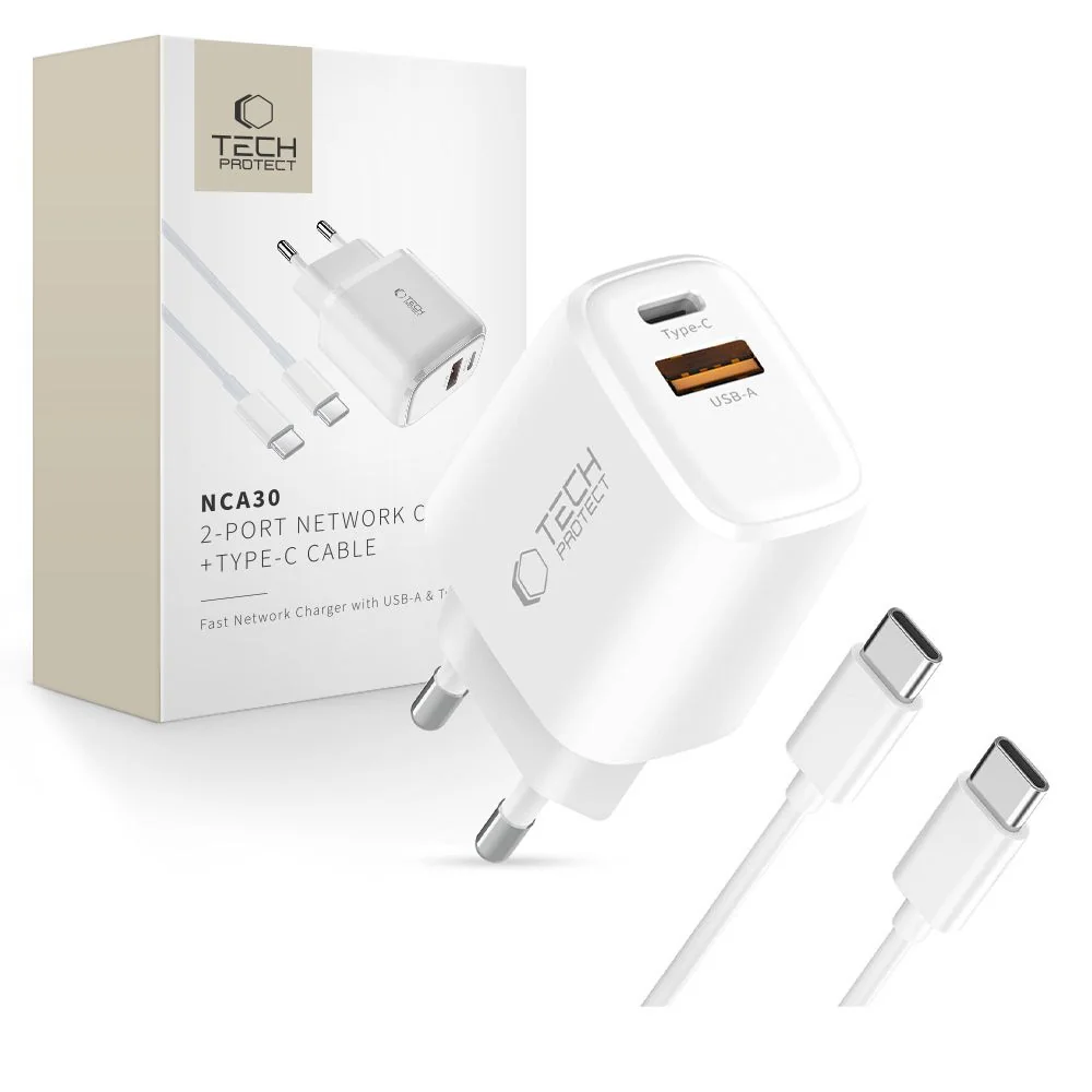 Tech-Protect NCA30 sieťová nabíjačka 30W PD QC + kábel USB-C, biela