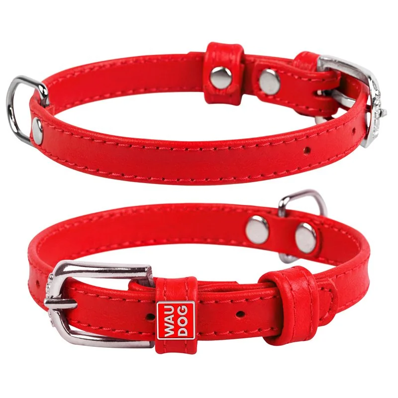 Plochý kožený obojok červenej farby, Obvod krku: 18-21 cm, širka: 9 mm