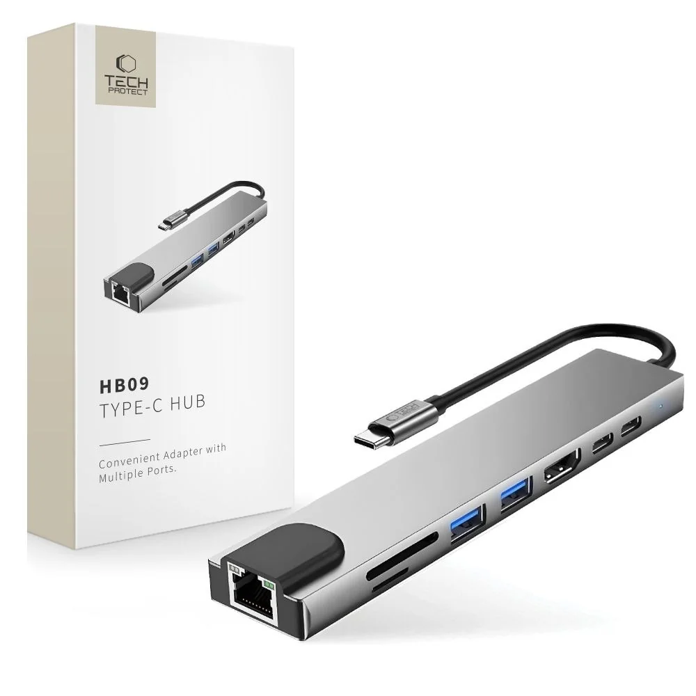Tech-Protect HB09 USB-C HUB adaptér 8in1, šedý