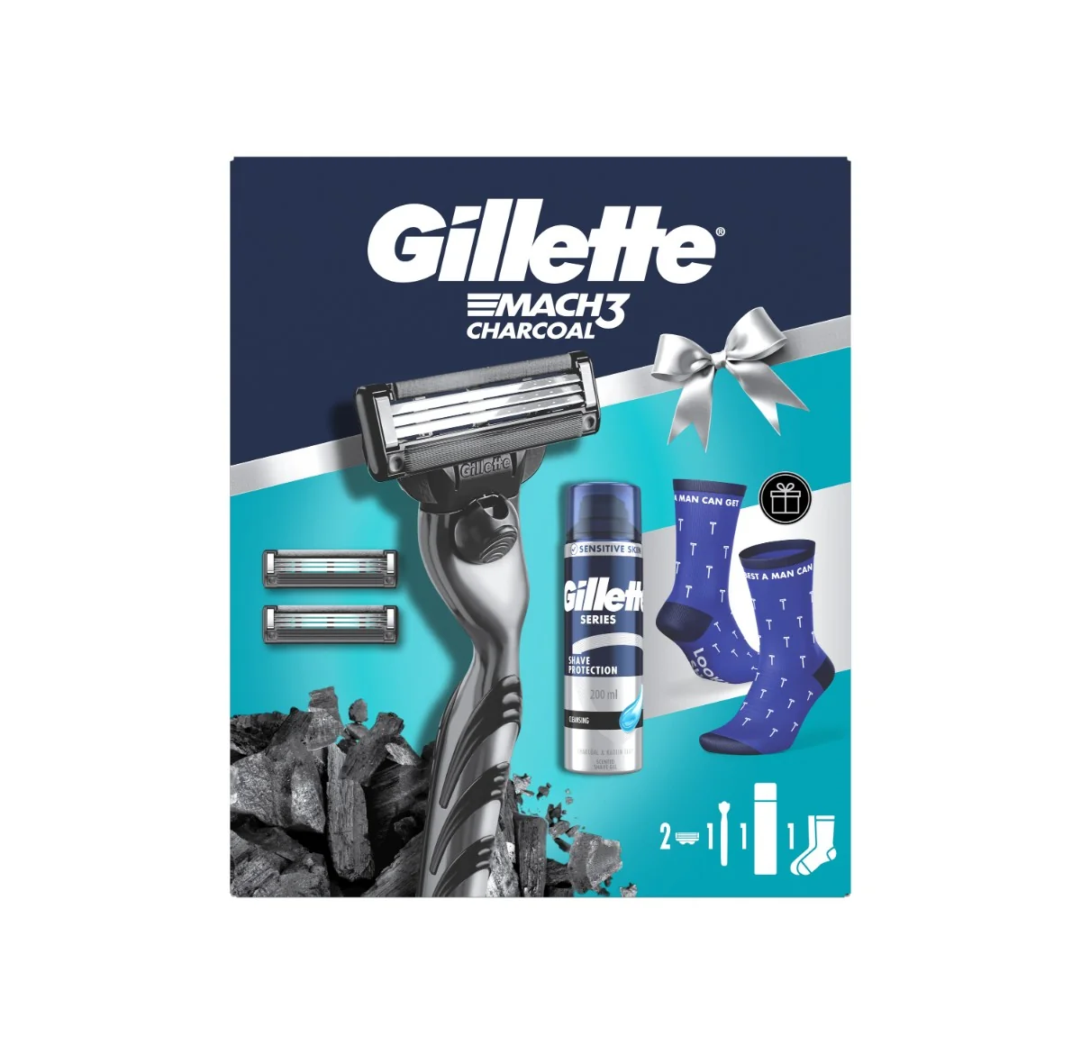 Gillette darčeková sada Mach3 Charcoal: pánsky holiaci strojček s 3 čepeľami, 2 náhradné hlavice, gél na holenie, ponožky 1 set