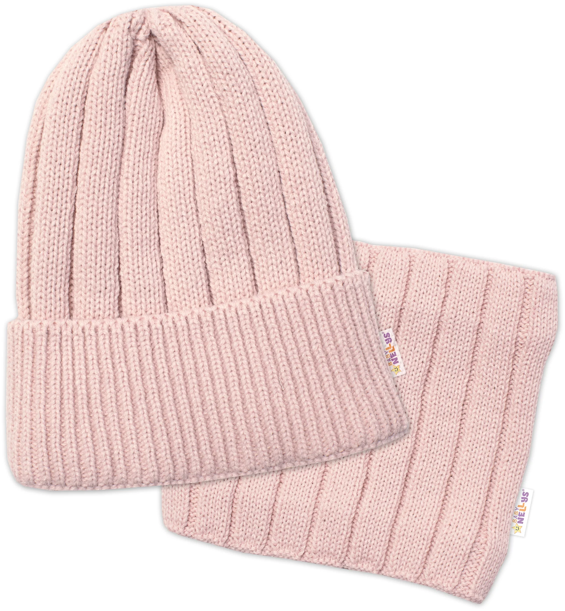 BABY NELLYS Zimná nadčasová čiapka + komín, púdrová