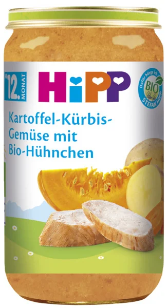 HiPP BIO Zemiaky,tekvica,zelenina,kuracie mäso 1×250 g, mäso-zeleninový príkrm