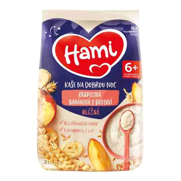 HAMI Mliečna kaša krupicová banánová s broskyňou 1×210 g, krupicová kaša