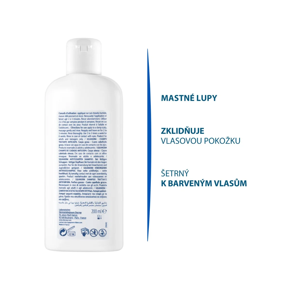 DUCRAY SQUANORM - PELLICULES GRASSES 1×200 ml, šampón proti mastným lupinám