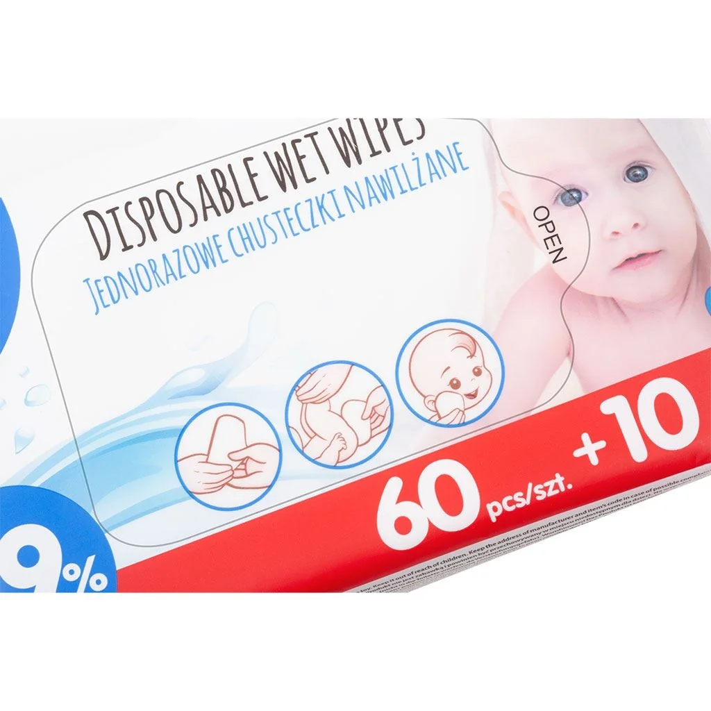 Detské vlhčené obrúsky Akuku 99% vody 60 + 10 ks ZDARMA , 20C46291