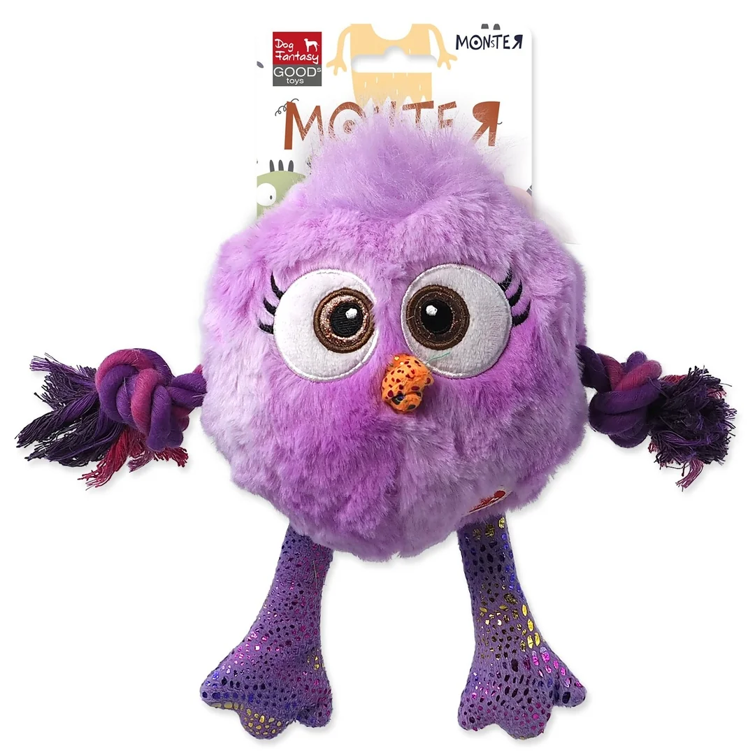 Hračka Dog Fantasy Monsters kura pískacie s povrazmi a uzlami fialové 15cm
