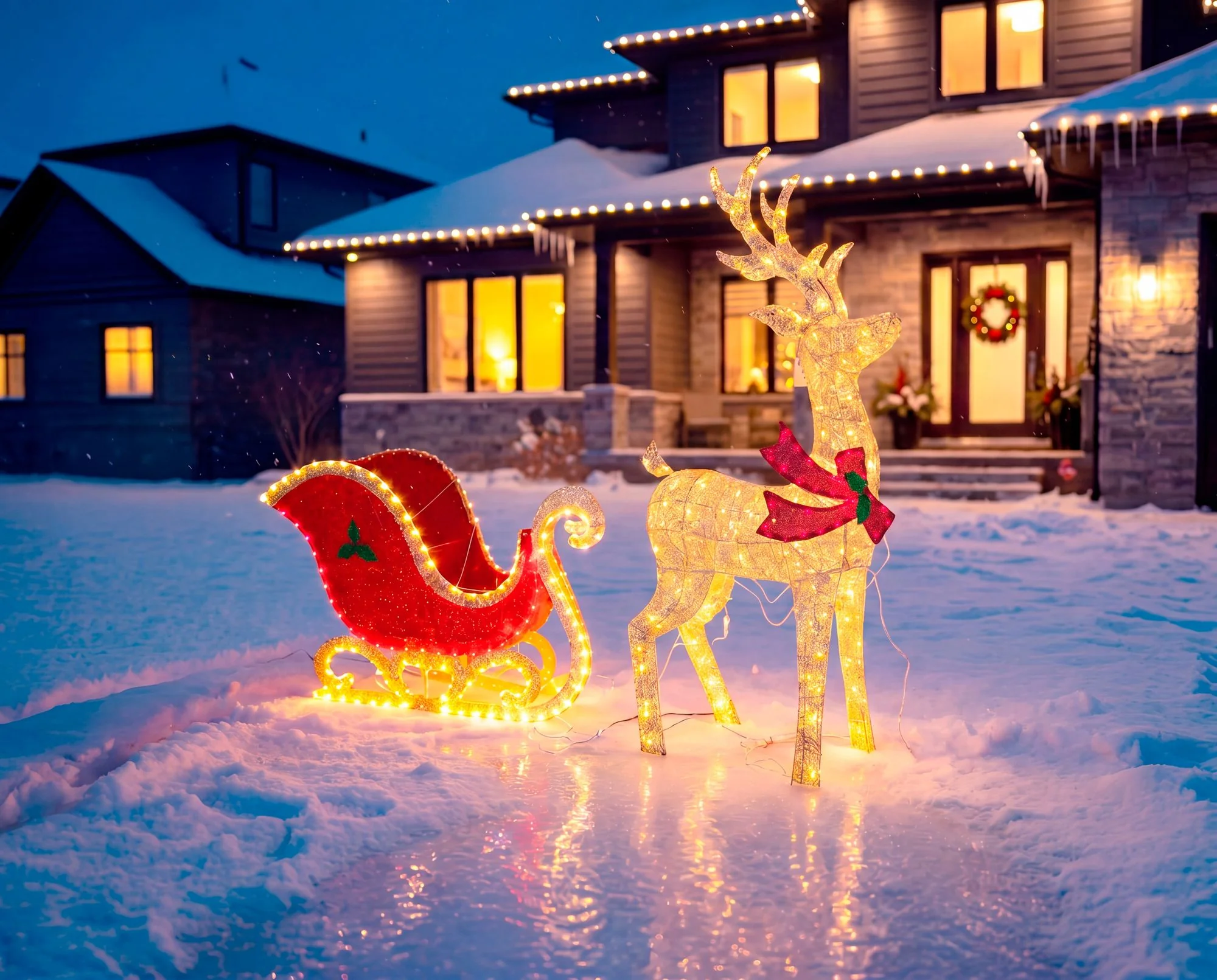 MagicHome vianočný LED jeleň so saňami, 1 ks 448 LED teplá biela, IP44, 155/75 cm