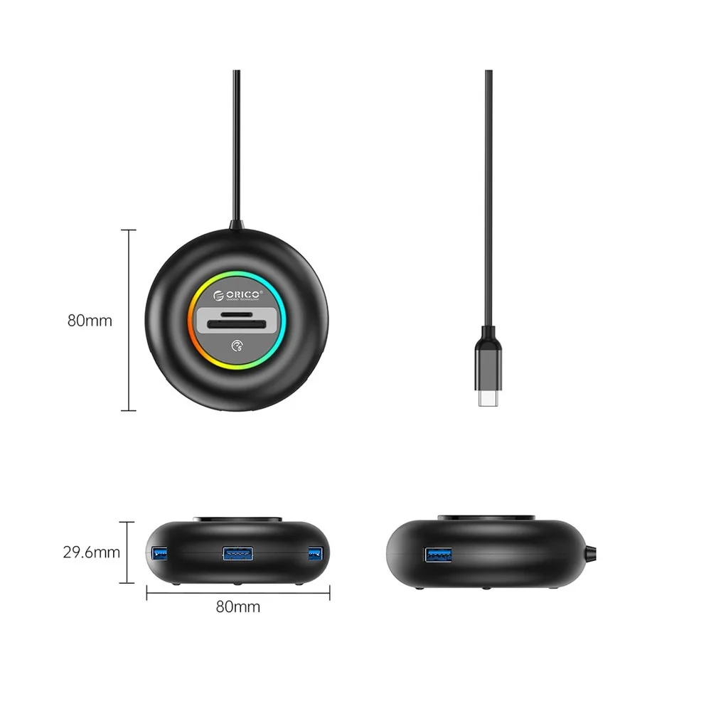 Orico YXR5-C3 HUB adaptér USB-C - 3x USB 3.0 / čítačka SD kariet 0.3m, čierny