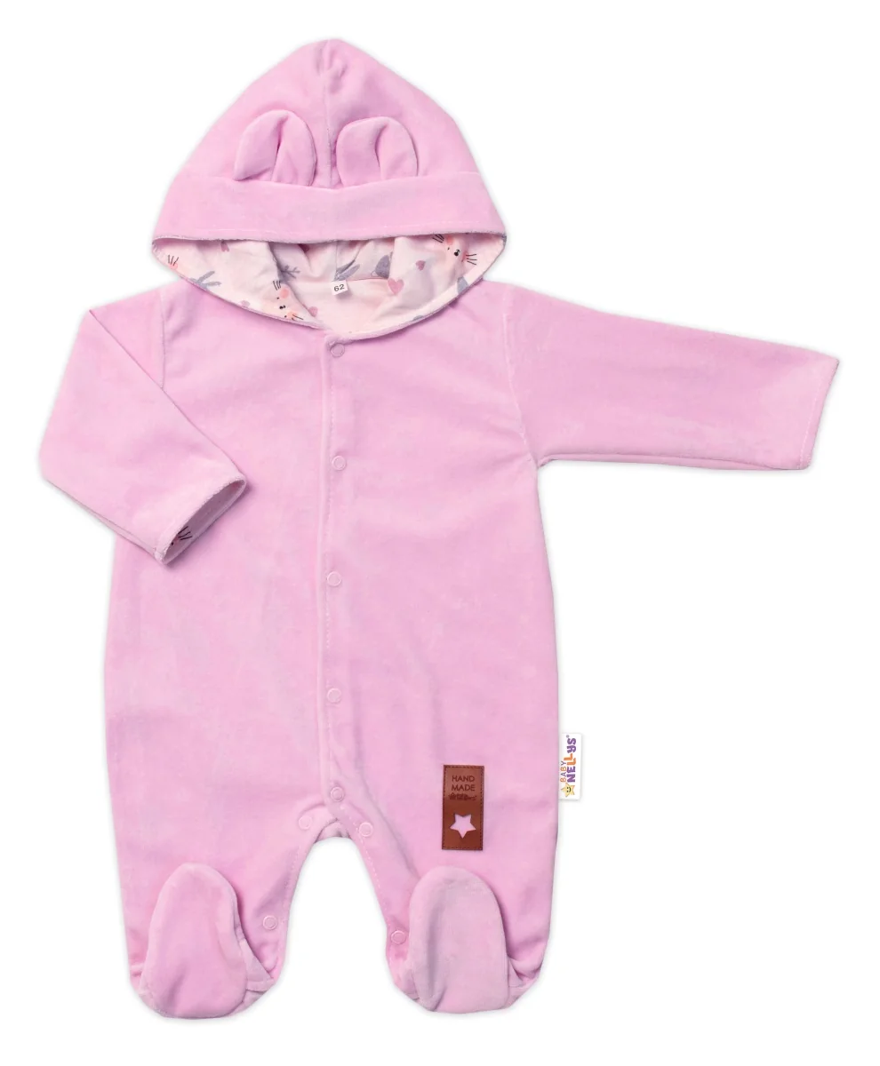 Baby Nellys Dvojvrstvový velúrový overal s kapucňou Bunny, ružový, veľ. 74