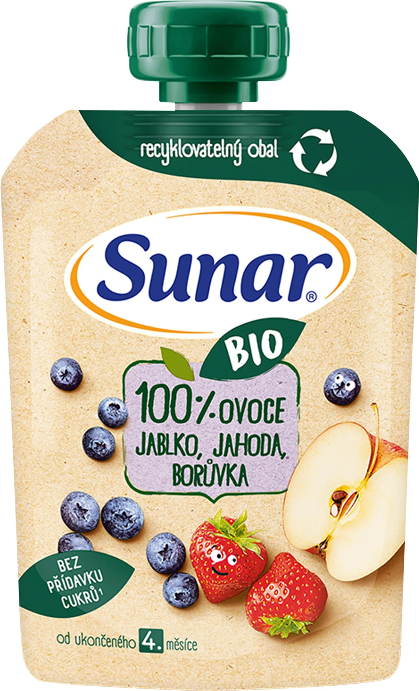 Sunar BIO Kapsička Jablko, jahoda, čučoriedka 1×100 g, ovocný príkrm (100% ovocia), 4m+