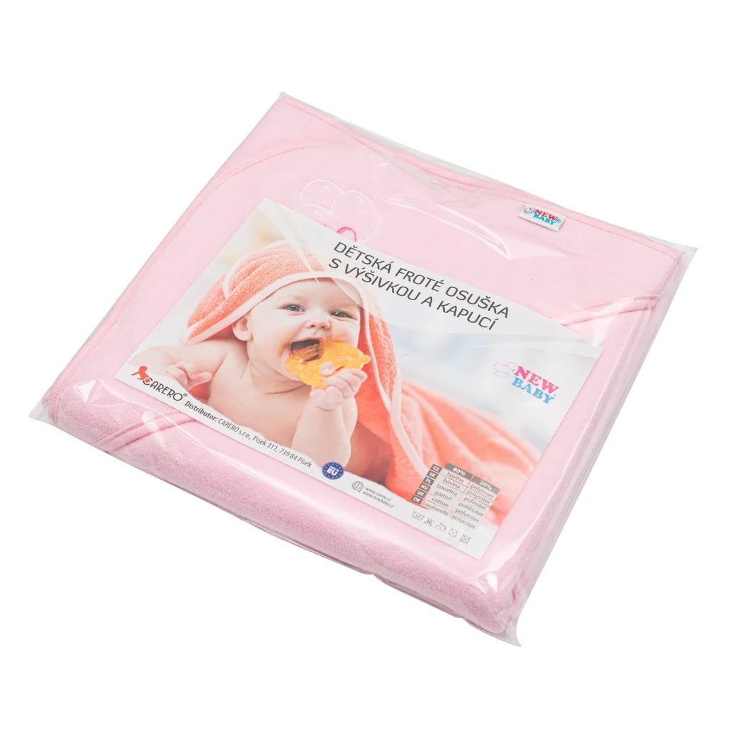 Detská froté osuška s výšivkou a kapuckou New Baby 80x80 ružová 