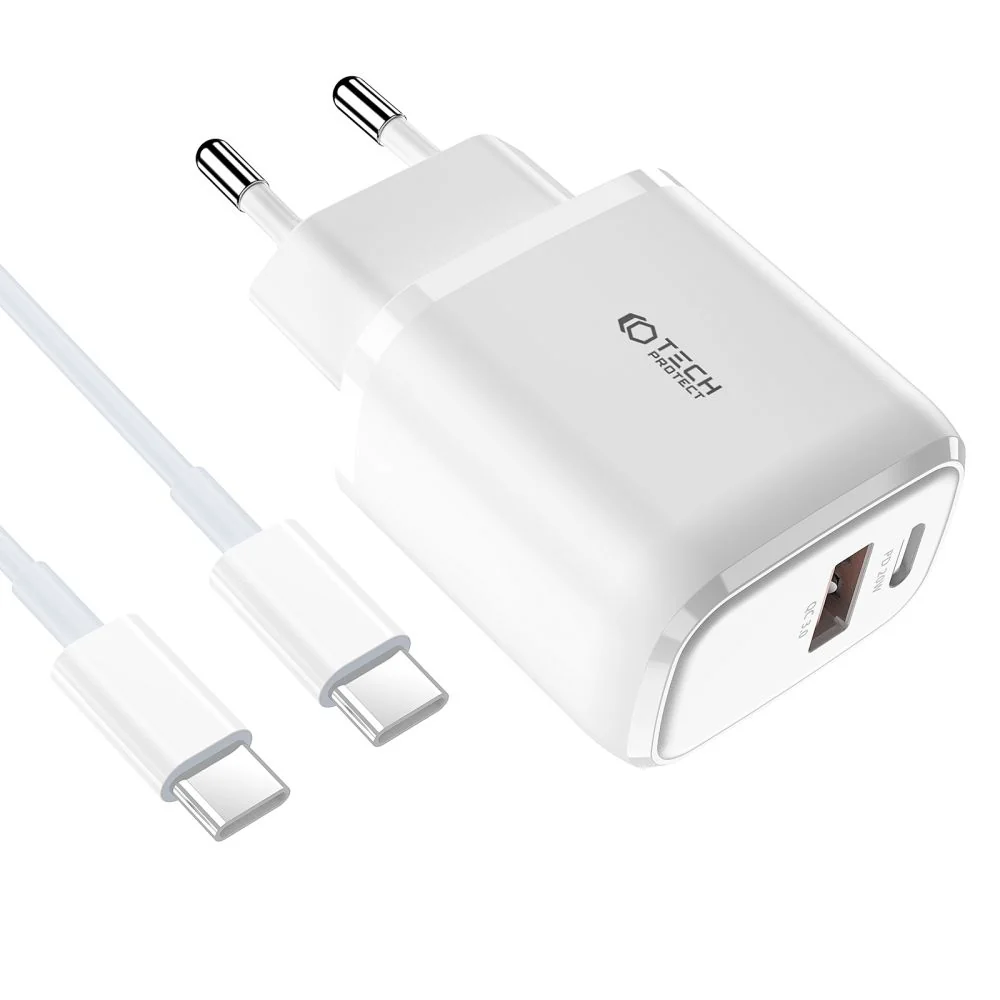 Tech-Protect C20W sieťová nabíjačka USB / USB-C 20W QC PD + kábel USB-C, biela C, biela
