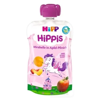HiPP HiPPis BIO Jablko Broskyňa Mirabelka 1×100 g, ovocno príkrm, 12m+