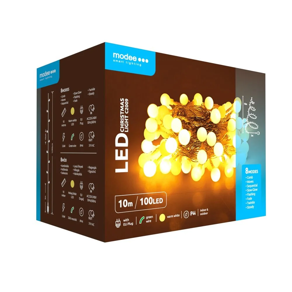 Modee Lighting LED vianočná reťaz 100 LED 10m teplá biela bobule