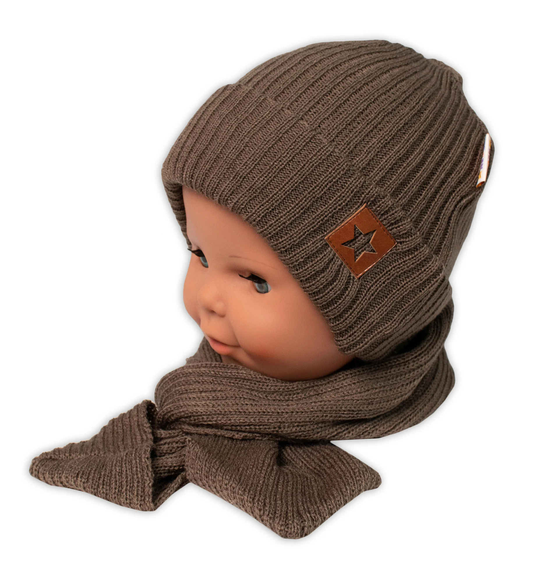 Baby Nellys Pletená čiapka so šálom a rukavičky 3v1, STAR - hnědá
